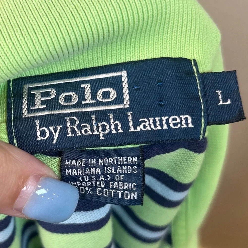 Polo Ralph Lauren Mens Large Lime Green Navy Blue Striped Cotton Polo Shirt L